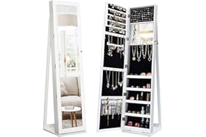 COSTWAY 3-in-1 Jewelry Cabinet, Lockable Jewelry Armoire Storage Unit with Full Length Mirror and Display Shelf, Home Bedroom Dressing Room Cosmetics Jewellery Organiser (Fixed White)