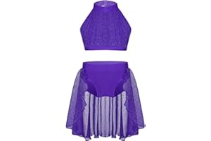 YiZYiF Kids Girls Halter Neck Dance Crop Tops Shorts Shiny Overlay Mesh Lyrical Dresses Costumes