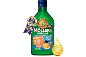 Moller’s ® | Huile de foie de morue omega 3 enfant | Compléments alimentaires nordiques omega 3, avec EPA, DHA, vitamines A, D et E | Marque vieille de 166 ans | Tutti Frutti | 250 ml