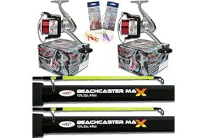 CARP-CORNER 2 x 2pc12ft 4-6oz Beachcaster Rods Sea Fishing Reels Loaded Line Combo Setup