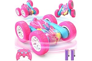 DEERC Rosa Ferngesteuertes Auto für Mädchen mit Buntem Licht, RC Stuntautos, 360° drehbares RC Stuntauto 4WD RC Spielzeugautos für Mädchen ab 6 Jahren