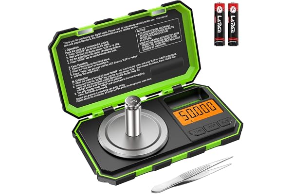 Brifit Balance de Cuisine, 50g/0.001g Balance de Poche Numérique, Balances Alimentaires de Précision 0,001 g, avec Étalonnage Poids 50g, Pince à Épiler, Fonction de Tare, LCD Rétroéclairé - Vert