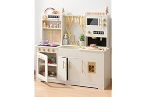 Tiny Land Nouvelle cuisine de jeu moderne pour enfants, ensemble de cuisine jouet avec de nombreuses fonctions de jeu, cuisine pour enfants dans un style d'intérieur tendance avec rideaux, PK0002-DE