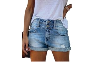 Bichingda Lässige Denim-Shorts für Damen, hohe Taille, ausgefranster Saum, zerrissene Sommerjeans, kurze Hotpants mit Taschen