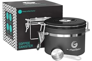 Coffee Gator Coffee Canister Airtight 900 mL, Stainless Steel Kitchen Food Storage Container with Date Tracker, CO2 Valve, Scoop for Grounds Coffee, Beans,Tea, Sugar, Flour, Snacks