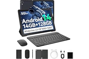Whitedeer 10 inch Tablet Android 14, 14GB+128GB/2TB Expanded, Octa-Core Tablets, 800 * 1280 HD丨WiFi 6丨BT 5.0丨5000mAh丨5MP+8MP, Widevine L1, Tab with Keyboard丨Mouse丨Stylus丨Tablet Case丨 Headphone(Black)