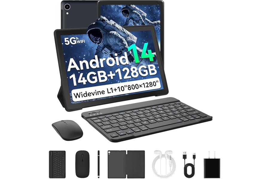 Whitedeer 10 inch Tablet Android 14, 14GB+128GB/2TB Expanded, Octa-Core Tablets, 800 * 1280 HD丨WiFi 6丨BT 5.0丨5000mAh丨5MP+8MP, Widevine L1, Tab with Keyboard丨Mouse丨Stylus丨Tablet Case丨 Headphone(Black)