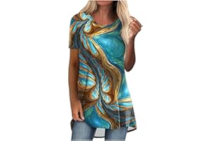 MRAT Womens Tops Long Tops to Wear with Leggings Round Neck Short Sleeve Tops Leaf Print T-Shirt Longline Tops Oversized Tees Summer Smock Shirt Blouse Womens Casual T Shirts Tunic Tops Sale
