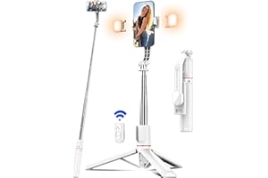 SELFIESHOW Perche à Selfie 115 CM avec Trépied Amélioré [2 Lumière de Remplissage] Trépied pour Téléphone avec Télécommande Détachable, 360° Rotation Compatible iPhone Samsung Smartphones et GoPro