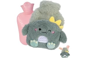 Flintronic Termofor na gorącą wodę, 400 ml, z pluszową osłoną, przytulny, puszysty, miękki, pluszowy, uroczy wzór, torba na gorącą wodę na ból szyi, ramion i stóp dłoni (dinozaur)