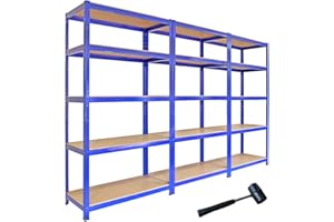 MONSTER RACKING T-Rax Pack of 3 Garage Shelving Units 5 Tier Heavy Duty Rack for Storage Steel Utility Shelves Metal & MDF Boltless Racking Assembly System 180cm x 90cm x 45cm 4200KG Capacity 280KG Per Shelf Blue