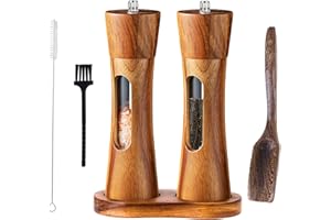 POFIBO Molinillo Pimienta, Juego de Molinillo Sal con Salvamantel, Cuchara de Relleno y Cepillo de Limpieza incluidos,Molinillo Pimienta Manual de Acacia para Moler Especias,Comino y Pimentón