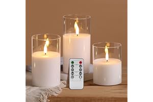 Eywamage Clear Glass Flameless LED Candles with Remote, White Battery Pillar Candles Home Decor Set of 3