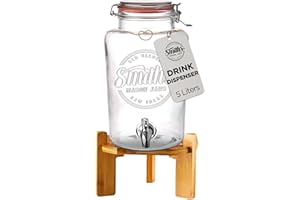 SMITHS MASON JARS Smith's Mason Jars Distributore di bevande o acqua da 5 litri con rubinetto in acciaio inox, filtro a rete e supporto in legno, ideale per limonate, bevande fatte in casa, cocktail