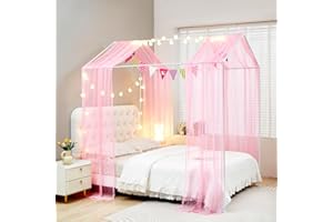ZIQINPSQ Montessori Lot de 2 rideaux de lit pour filles et garçons, moustiquaire pour enfants, cadre de lit en bois, décorations de chambre à coucher (rose)