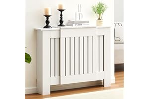 LEMROE Extendable Radiator Cover White, Horizontal Adjustable Heater Cover With Modern Slats Shelf, Wooden Decorative for Living Room, Hallway (W75-105cm)