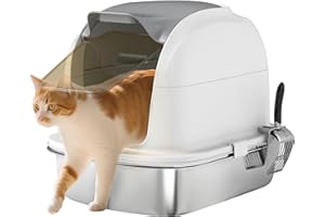 PawHut Arenero para Gatos de Acero Inoxidable XL, Caja de Arena para Gatos, Arenero con Tapa Abatible, Laterales Altos, Entrada Superior, Pala, sin Olores, Fácil de Limpiar, Antifugas, Blanco