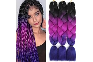 FANWYFYU 3 paquetes de cabello trenzado sintético de 24 pulgadas para mujer, extensiones de cabello Ombre Jumbo para trenzas de ganchillo (negro-morado-azul)