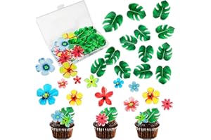 HIQE-FL 45 Stück Blumen Kuchen Deckel + 45 Stück tortendeko blätter,Essbare Blumen-Kuchen-Deckel,essbare Blätter,Essbare Blumen Cupcake Topper,essbare grüne Kuchendekoration,tortendeko essbar,Dschungel deko