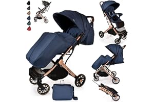 LIBREBON Baby Pushchair, Lightweight Stroller, Compact Travel Buggy, One Hand Foldable, Five-Point Harness, Foot Cover, Mommy Bag, Rain Cover, All Year Round (Blue - Rose Gold Frame)
