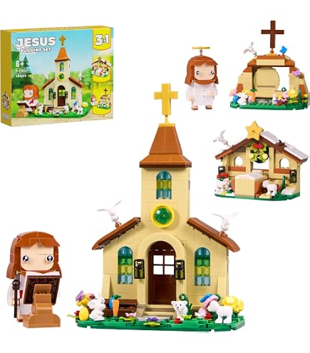 Blocs de serrage Jésus et Agneau, mini figurines de Jésus, blocs de construction, kit de modèle de jouet avec tournesol, mouton et aura LED, décoration de chapelle, cadeaux chrétiens pour adolescents