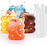 AUTOWNLUX 4 Stück Gerippte Trinkgläser mit Glasstrohhalmen, 350ml Bubble Gläser, Gerippte Eiskaffeegläser, Wave Gläser Tumble