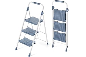 KINGRACK 3 Step Ladder, Sturdy Step Stool with Handrail, Anti-Slip Wide Pedals, Foldable Step Stool for Home, Garage, Garden, Safety Locking, Pass 900LBS Testing, Blue