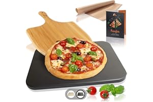 AMAZY Pierre à Pizza pour Four à Pizza et Gril - avec Pelle à Pizza Bois, Papier Cuisson réutilisable et Livre de Recettes - Pierre Réfractaire en Cordiérite pour Pizza à l'Italienne, Noire