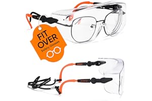 SAFEYEAR SG009 Occhiali di Protezione da Lavoro Trasparente Laboratorio Antiappannamento e Antigraffio CE EN166,Gambe a specchio regolabili, dotate di corde per occhiali，Occhiali indossati su occhiali