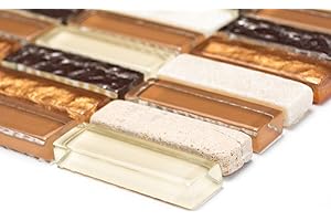 MOSAIK-NETZWERK Mosaic Sticks Crystal/Stone Mix Beige/Brown Glass Natural Stone Tile Mirror Mosaic Stone Size: 15 x 50 x 8 mm, Sheet Size: 60 x 100 mm, 1 Hand Pattern Approx. 6 x 10 cm