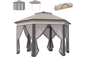Outsunny 3 x 4m Garden Gazebo Hexagon Pop Up Gazebo Party Tent Canopy Double Roof Instant Shelter with Netting and Carry Bag for Outdoor Patio, Beige