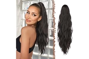 ‎FESHFEN FESHFEN Gewellt Pferdeschwanz Haarteil mit Klammer, Cruly Lang Zopf Extensions Claw Clip in Wavy Ponytail Extension Synthetik Haarverlängerung für Frauen Damen 63cm Natürliches Schwarz