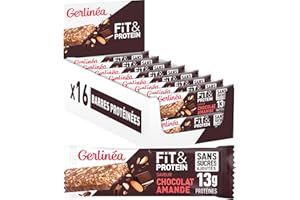 Gerlinéa Fit&Protein - Barres Protéinées saveur Chocolat Amandes - Sans Sucres Ajoutés - 13 gr protéines par barre de 45g - Protéines Après le Sport - 16 barres
