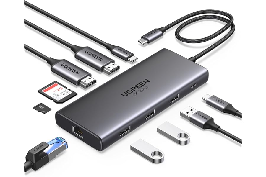 UGREEN Laptop Docking Station, Revodok Pro 210 USB C Hub (10-in-1), Dual 4K@60Hz HDMI, Single 8K, 100W PD, 1Gbps Ethernet, 4x 5Gbps USB-A/C Data, SD/TF, Aluminum USB-C Dock for Dell, HP, ThinkPad