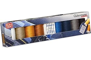 Gütermann creativ Nähfaden-Set mit 8 Spulen Profi-Jeansfaden Denim 100 m in den typischen Jeanssteppfarben + 5 Jeans-Nähmaschinennadeln von SCHMETZ
