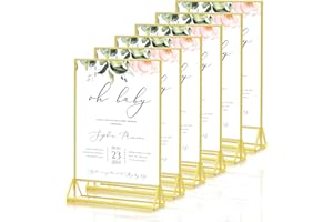 Hotyin A5 Acrylic Sign Holder, 6 Pack Sign Holder with Gold Borders, Vertical Double Sided Display Stands for Wedding Table Numbers, Picture Frame, Menu Poster Holder
