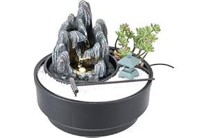 BTGGG Indoor Water Fountain with LED Light, Rockery Indoor Water Feature with Decorative Sands Plant, Table Top Zen Waterfall for Meditation Relaxation Home Decoration, 3 Pin UK Plug Included
