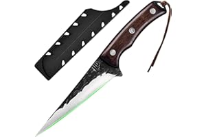 FULLHI Couteau à désosser avec étui,Acier à haute teneur en carbone Couteau à désosser pour la pêche, la maison, le camping et le BBQ (marron, 14cm)