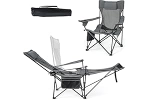 COSTWAY Chaise Pliante Camping, Chaise Longue Réglable sur 4 Positions, Repose-Pieds Amovible, Appui-Tête, Poche, Porte-Gobelet, Fauteuil Inclinable pour Plage Pêche Bureau, Charge 150 KG, Gris