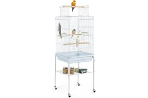 Yaheetech Metal Bird Cage Open Play Top Budgie Cage Parrot Cage with Rolling Stand for Mid-sized Birds Cockatiel/Parakeet/Lovebird White