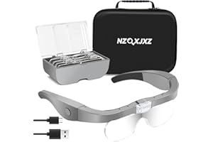 NZQXJXZ Lupenbrille mit Licht, wiederaufladbare Hände frei Lupe, Kopfbügel-Lupe mit Aufbewahrungsbox, 4 abnehmbare Linsen 1.5X 2.5X 3.5X 5X für Enge Arbeit, Schmuck, Lesen