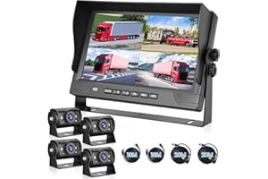 VECHTEL Telecamera Retromarcia per Auto 1080P con Monitor 4 Divisi da 9 Pollici, supporto 4 Telecamere DVR/IP68/Visione Notturna per Camion, Camper, Rimorchio, con Cavi da 2x10 M E 2x20 M