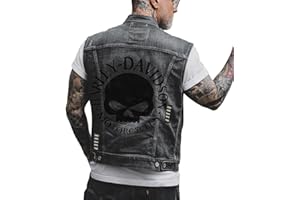 keephen Veste Vintage Skull Denim pour Hommes Skull Imprimé Biker Moto Boutonné Denim Gilet Gilet Cowboy sans Manches Jacke