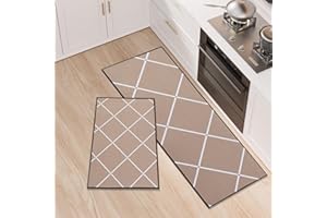 LY4U Kitchen Rug Set of 2, Washable Kitchen Floor Mats, Non-slip Runner, Absorbent Floor Mat for Entryway and Home Decoration Office, 43x75+43x120cm, Khaki