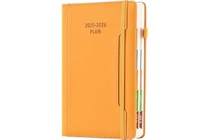 GOLDAYPLN Akademischer Terminplaner, Jahr 2025–26, A5, Seite pro Tag, Mitte Jahr, Juli 2025 bis Juni 2026, Hardcover Agenda mit Stifthalter, Vordertasche, buntes Monatsregister, elastischer Verschluss, Gelb