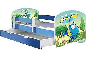 ACMA Letto per Bambino Cameretta per Bambino con Materasso Cassetto II BLU (35 Elicottero, 160x80 + Cassetto)
