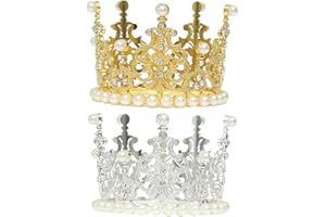 OCDSLYGB 2 PCS Mini Gold Crown Cake Topper Mini PearlCrown Cake Toppers Crystal Tiara Birthday Cupcake Topper,Vintage Crystal Pearl Hair Ornaments for Birthday Party Wedding Cake Baby Shower Decoration