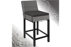 TecTake® Rattan Garden Stool, Bar Stool made with Premium Round Polyrattan, Solid Wooden Legs and Weather Proof Frame. Plus Plush Cushion & Covers. Balcony & Outdoor Patio Furniture - Grey