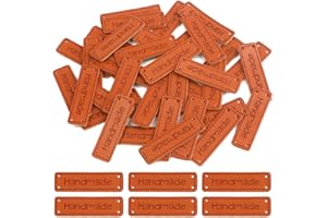 Yijunmca 100pcs PU Leather Tags Handmade with Love Labels Faux Leather Sew on Label Embellishment Knit Accessories with 4 Holes for DIY Crafts Crochet Knitting Hats Jeans Bags Shoes, Brown