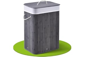 Juskys Cesto para la ropa de bambú Curly de 72 litros en gris - Cubo para la ropa con tapa, asa y 1 compartimento - Bolsa para la ropa de tela, extraíble y lavable
